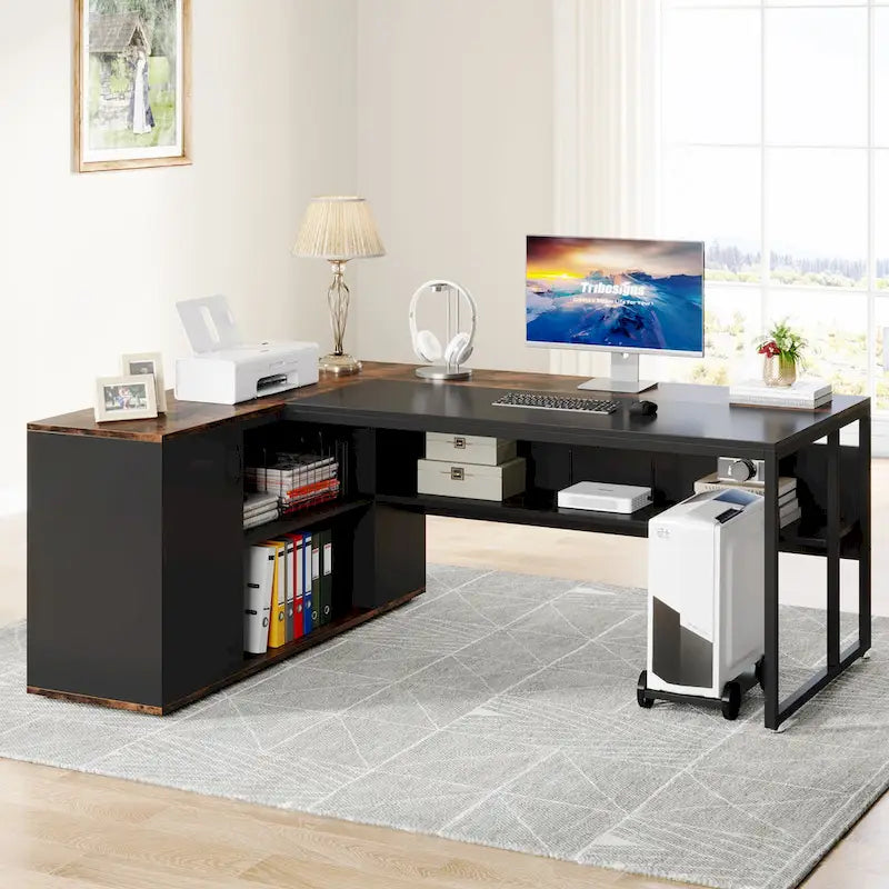 180 cm Chefschreibtisch, L-förmiger Schreibtisch mit Schrank und Regalen für das Home Office