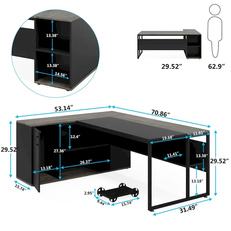 180 cm Chefschreibtisch, L-förmiger Schreibtisch mit Schrank und Regalen für das Home Office