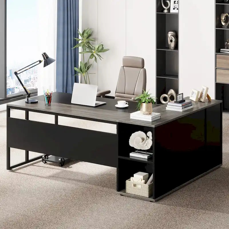 180 cm Chefschreibtisch, L-förmiger Schreibtisch mit Schrank und Regalen für das Home Office