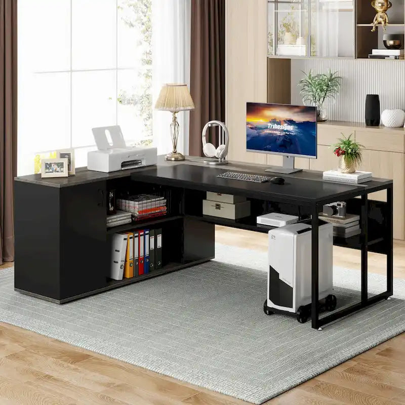 180 cm Chefschreibtisch, L-förmiger Schreibtisch mit Schrank und Regalen für das Home Office