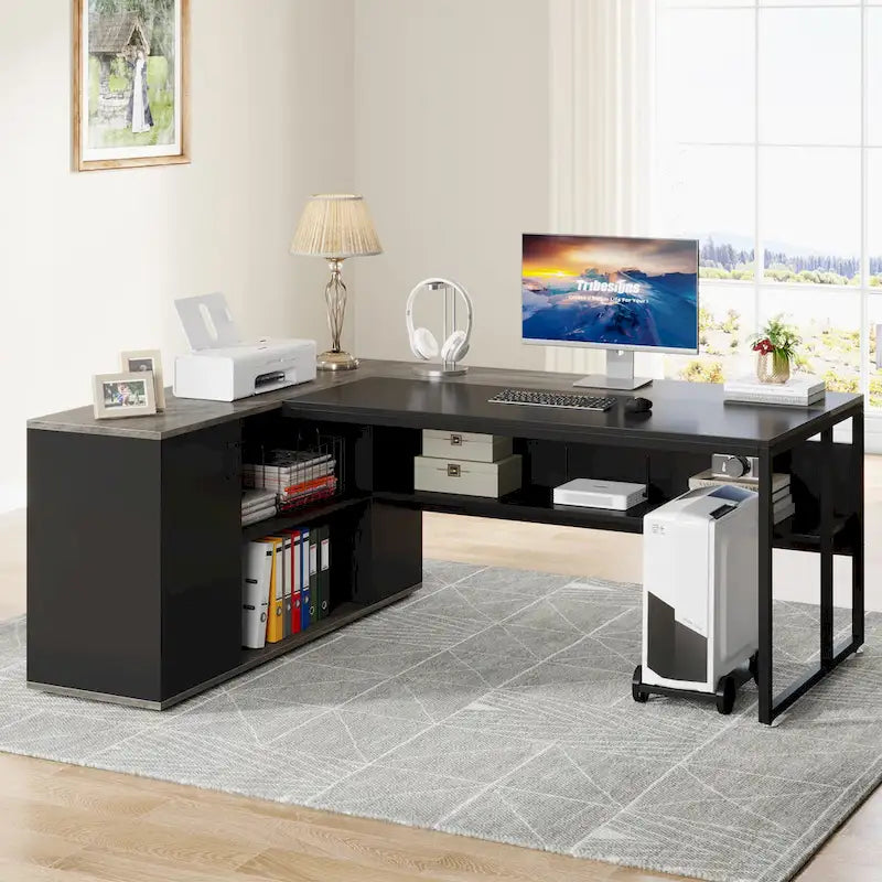 180 cm Chefschreibtisch, L-förmiger Schreibtisch mit Schrank und Regalen für das Home Office