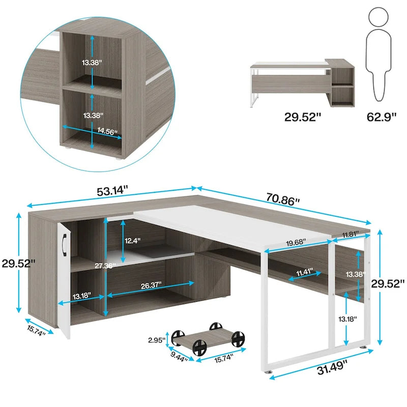 180 cm Chefschreibtisch, L-förmiger Schreibtisch mit Schrank und Regalen für das Home Office