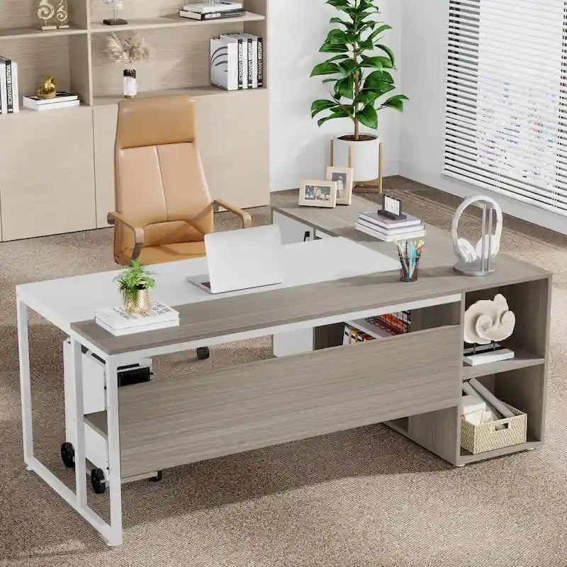 180 cm Chefschreibtisch, L-förmiger Schreibtisch mit Schrank und Regalen für das Home Office