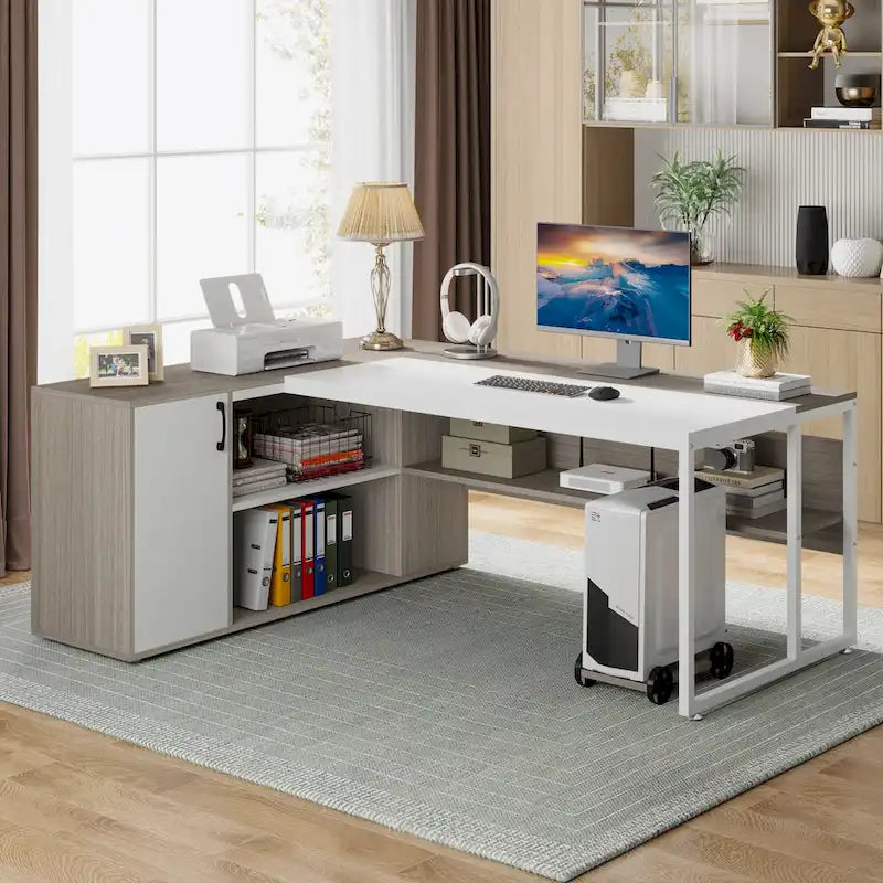 180 cm Chefschreibtisch, L-förmiger Schreibtisch mit Schrank und Regalen für das Home Office