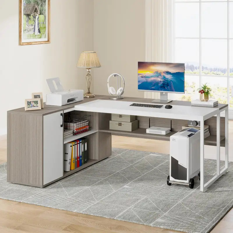 180 cm Chefschreibtisch, L-förmiger Schreibtisch mit Schrank und Regalen für das Home Office
