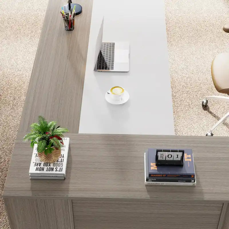 180 cm Chefschreibtisch, L-förmiger Schreibtisch mit Schrank und Regalen für das Home Office
