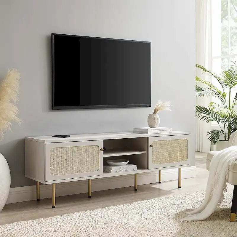 60 Zoll Rattan-Geflecht TV-Ständer mit Schiebetüren