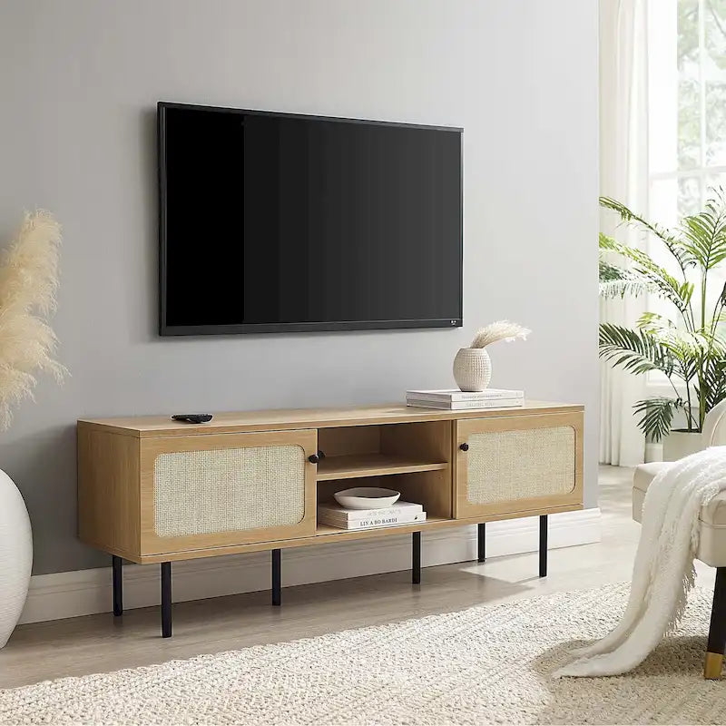 60 Zoll Rattan-Geflecht TV-Ständer mit Schiebetüren