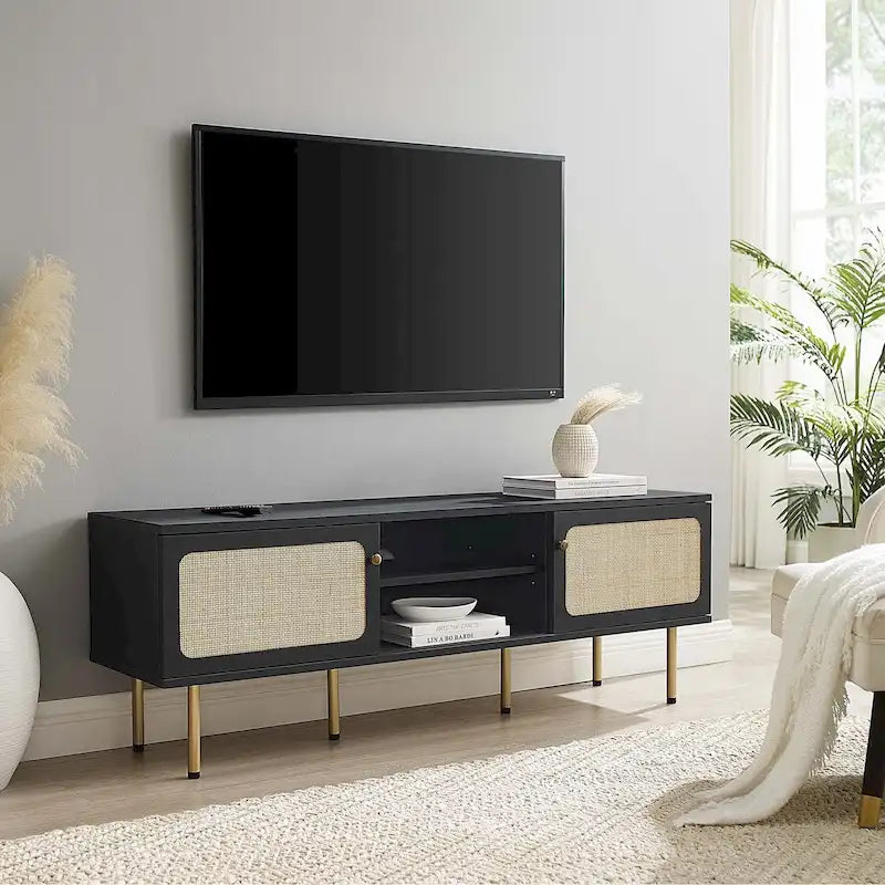 60 Zoll Rattan-Geflecht TV-Ständer mit Schiebetüren