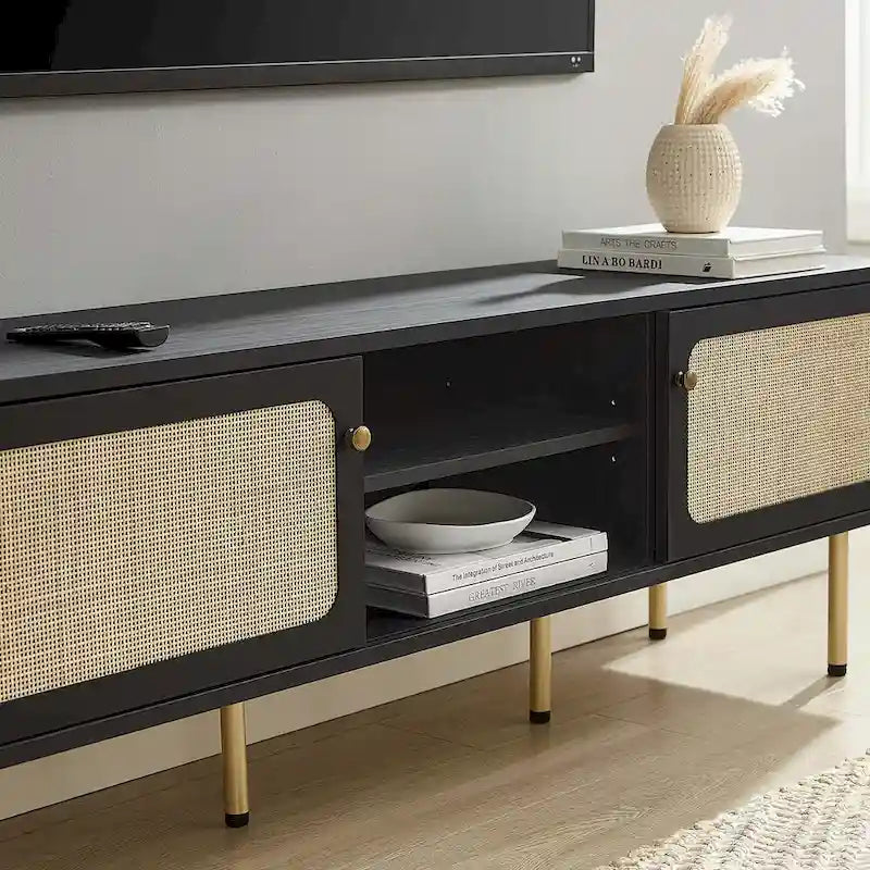 60 Zoll Rattan-Geflecht TV-Ständer mit Schiebetüren