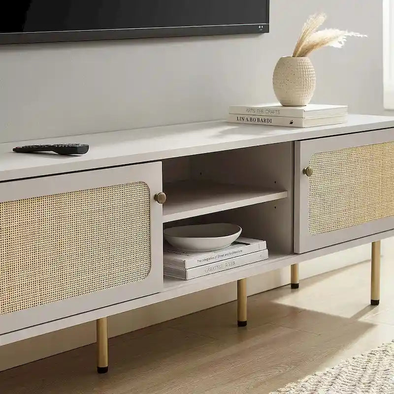 60 Zoll Rattan-Geflecht TV-Ständer mit Schiebetüren