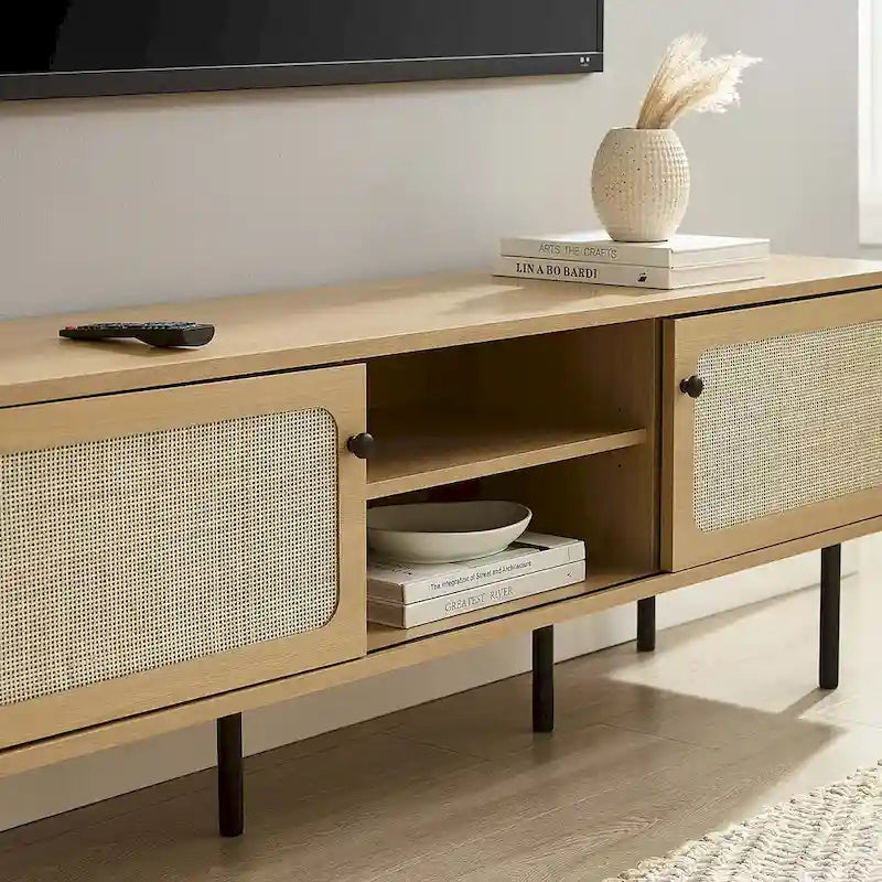 60 Zoll Rattan-Geflecht TV-Ständer mit Schiebetüren