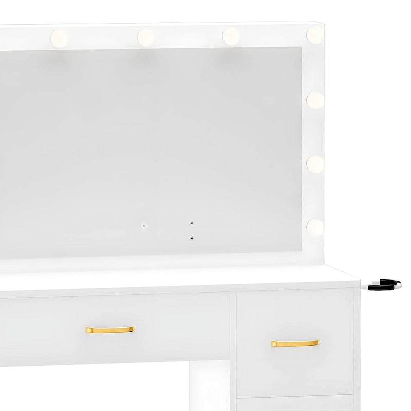 35,4" Schminktisch mit Spiegel, Hocker und Glühbirnen