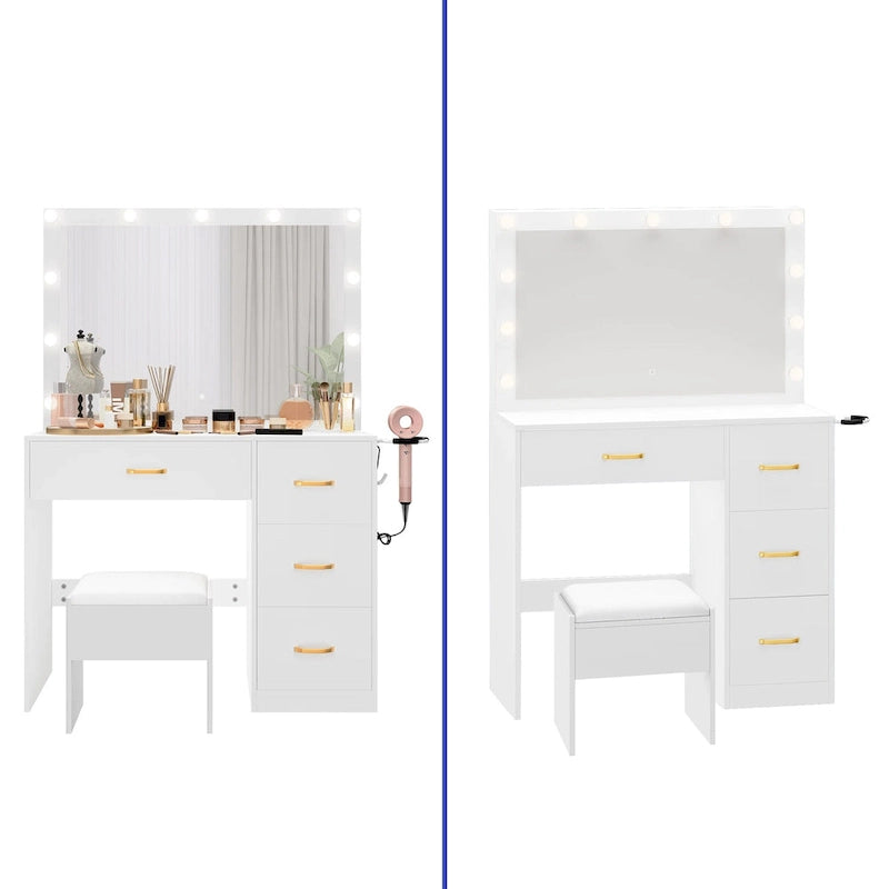 35,4" Schminktisch mit Spiegel, Hocker und Glühbirnen