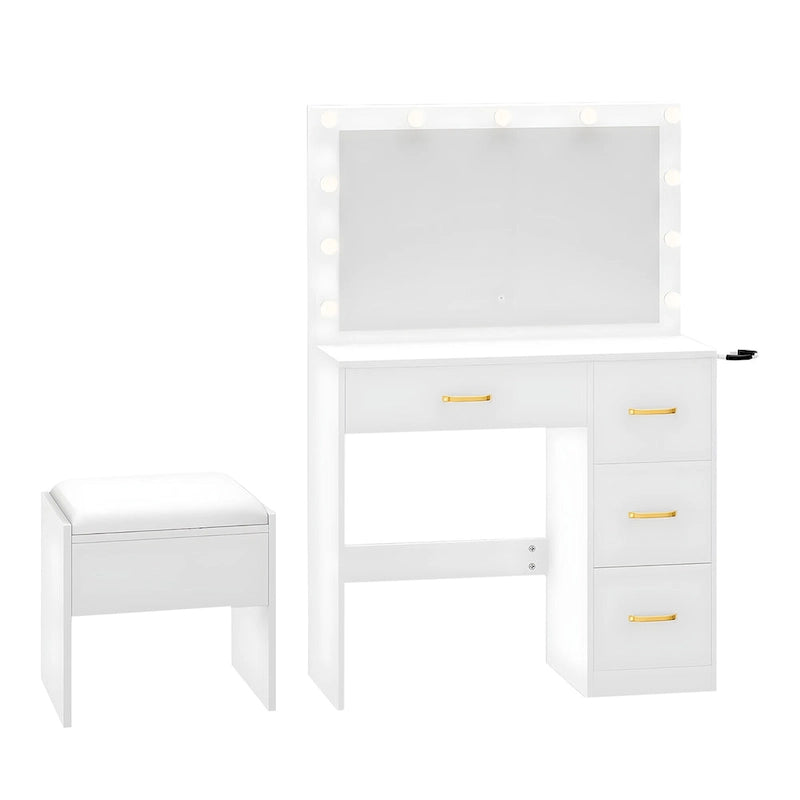 35,4" Schminktisch mit Spiegel, Hocker und Glühbirnen