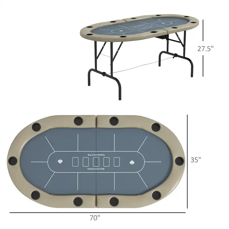 Faltbarer 70 Zoll ovaler Pokertisch für 10 Spieler – Blackjack & Texas Holdem