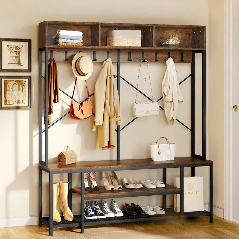 Moasis Industrial Entryway Bench with Coat Rack, 5-in-1 Hall Tree with Shoes Storage
