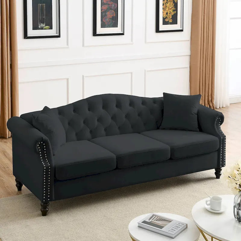 79" Chesterfield Sofa Schwarzer Samt 3-Sitzer mit gerollten Armlehnen und Ziernieten