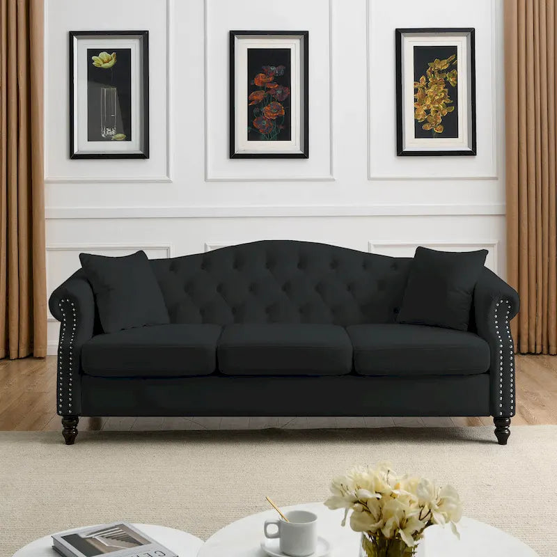 79" Chesterfield Sofa Schwarzer Samt 3-Sitzer mit gerollten Armlehnen und Ziernieten