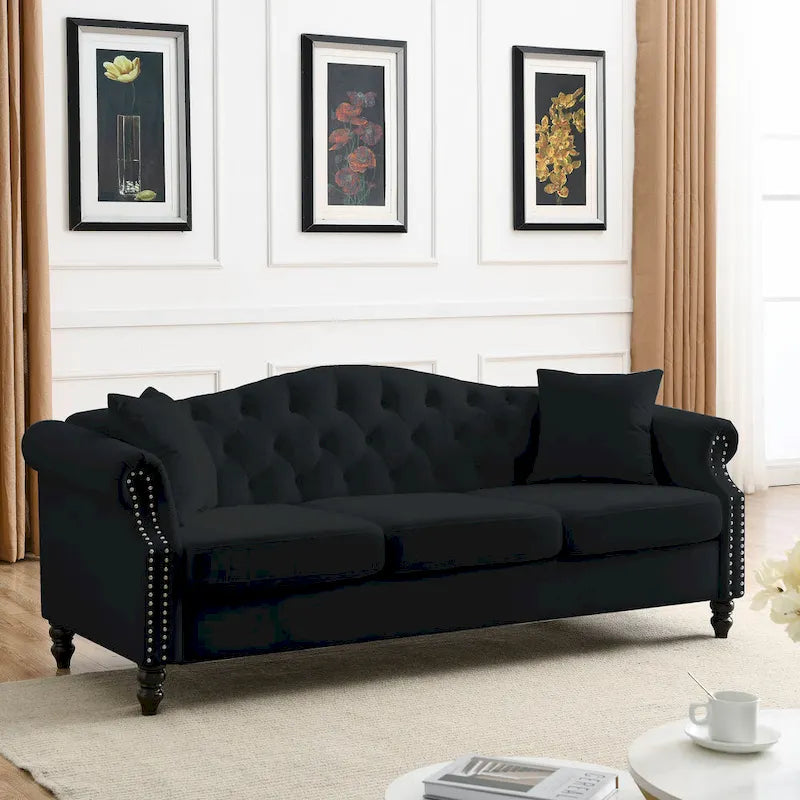 79" Chesterfield Sofa Schwarzer Samt 3-Sitzer mit gerollten Armlehnen und Ziernieten