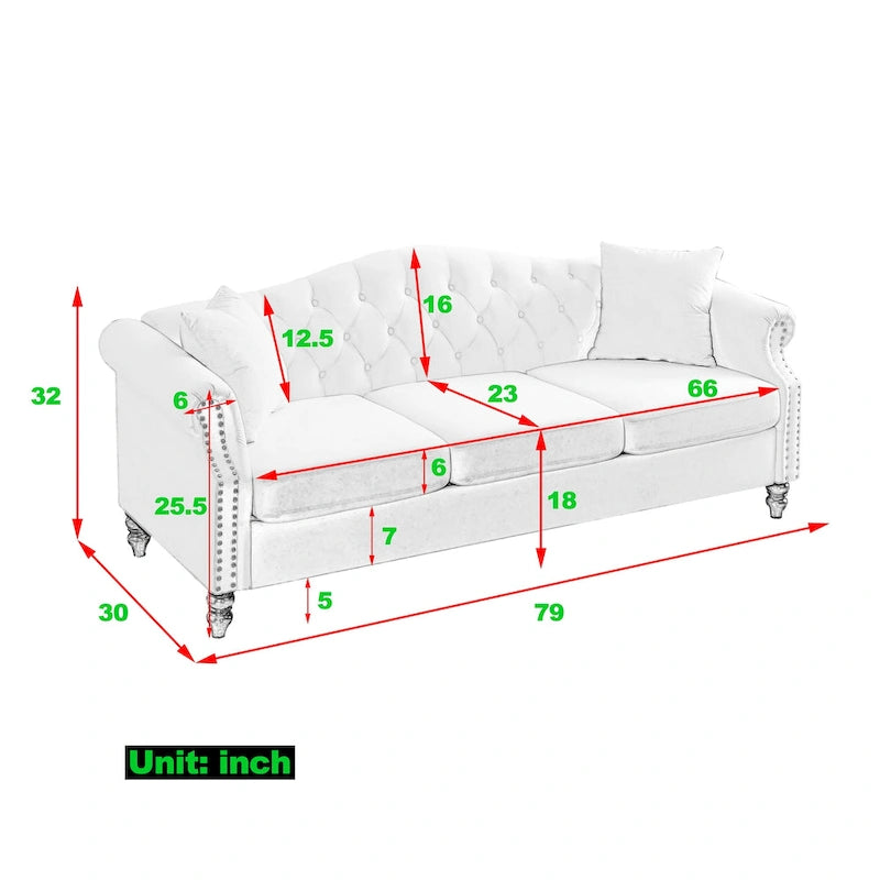 79" Chesterfield Sofa Schwarzer Samt 3-Sitzer mit gerollten Armlehnen und Ziernieten