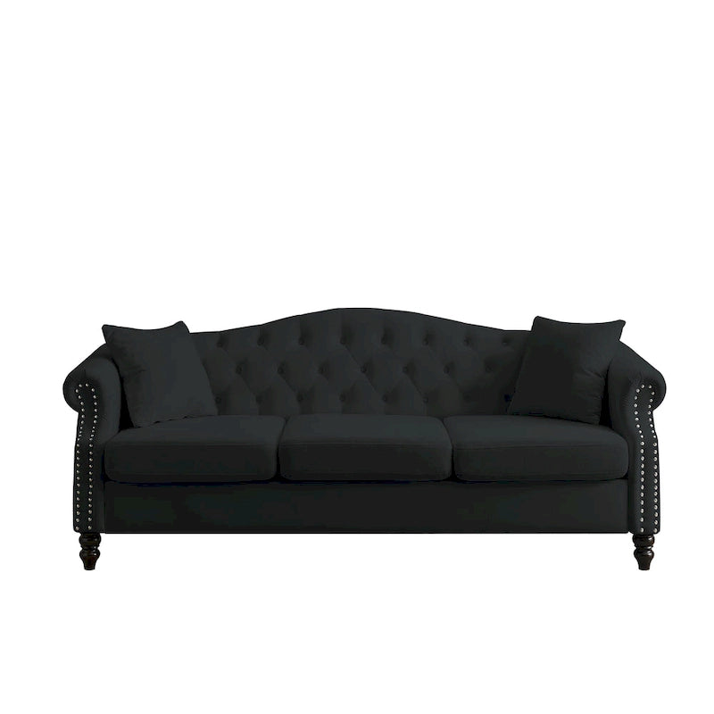 79" Chesterfield Sofa Schwarzer Samt 3-Sitzer mit gerollten Armlehnen und Ziernieten
