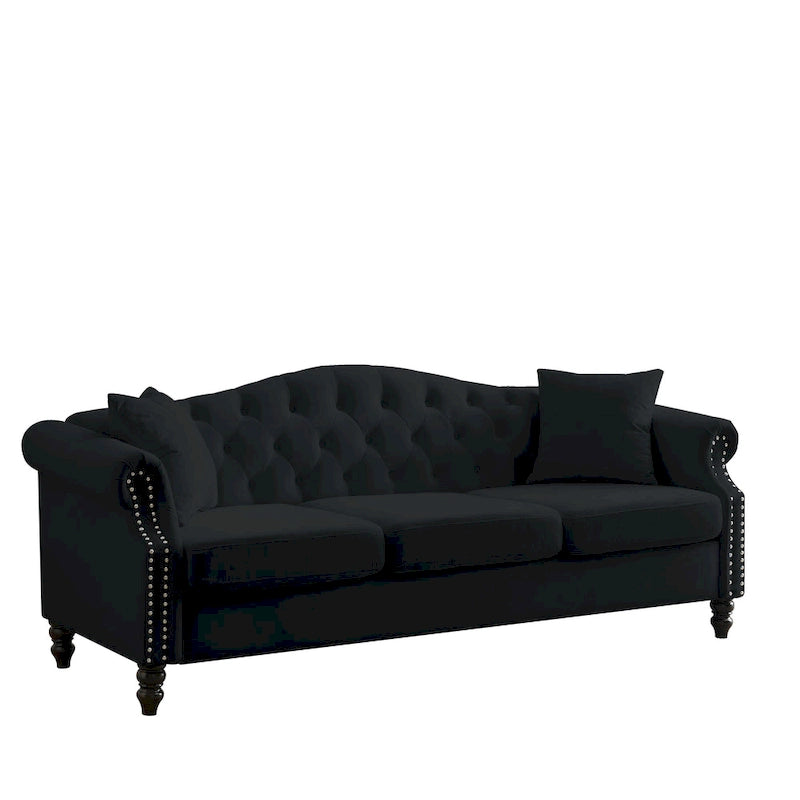 79" Chesterfield Sofa Schwarzer Samt 3-Sitzer mit gerollten Armlehnen und Ziernieten