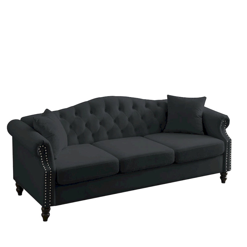 79" Chesterfield Sofa Schwarzer Samt 3-Sitzer mit gerollten Armlehnen und Ziernieten