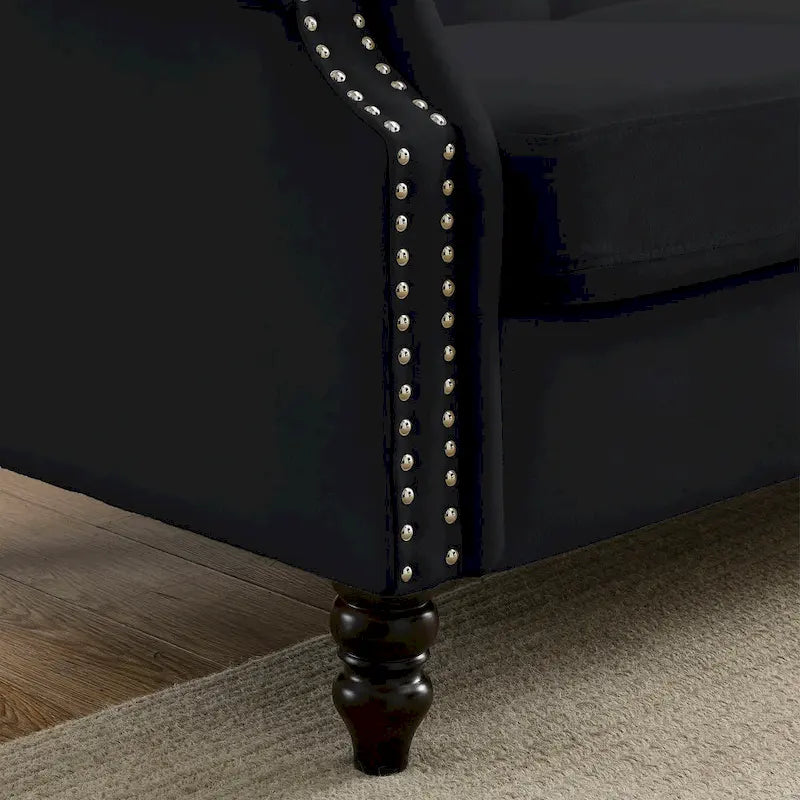 79" Chesterfield Sofa Schwarzer Samt 3-Sitzer mit gerollten Armlehnen und Ziernieten