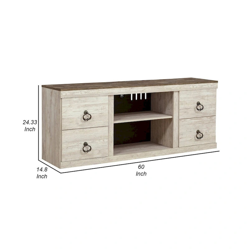 60 Zoll Rustikaler TV-Medienschrank, runde Griffe, Holz, Weiß