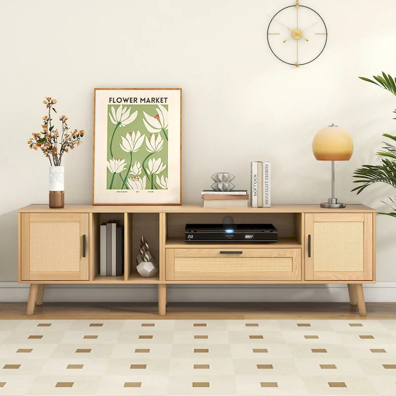 TV-Schrank für Fernseher bis 80 Zoll mit Massivholzfüßen und viel Stauraum