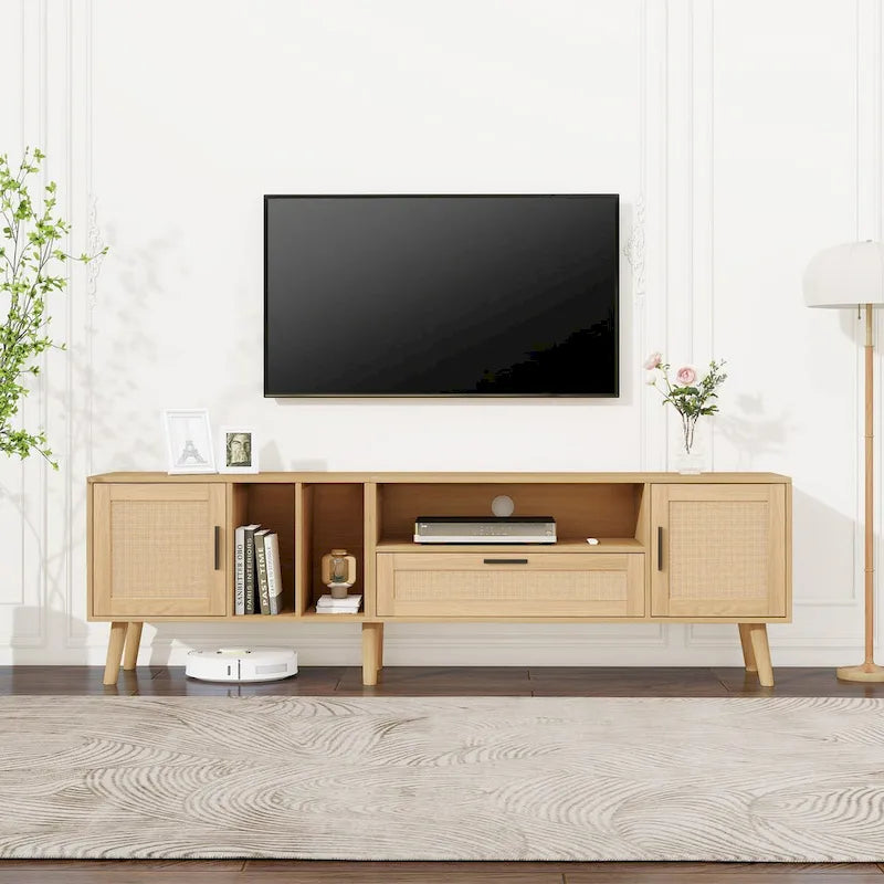 TV-Schrank für Fernseher bis 80 Zoll mit Massivholzfüßen und viel Stauraum