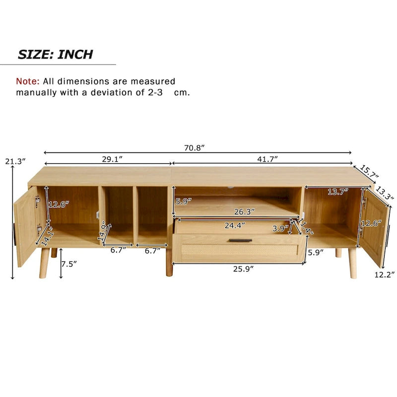 TV-Schrank für Fernseher bis 80 Zoll mit Massivholzfüßen und viel Stauraum
